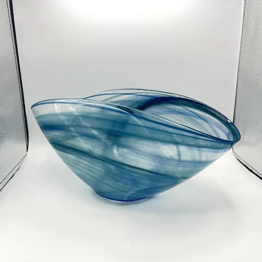 14"x7" Oval Blue Folded Satin Glass Bowl Lines Swirls - Picture 2 of 16